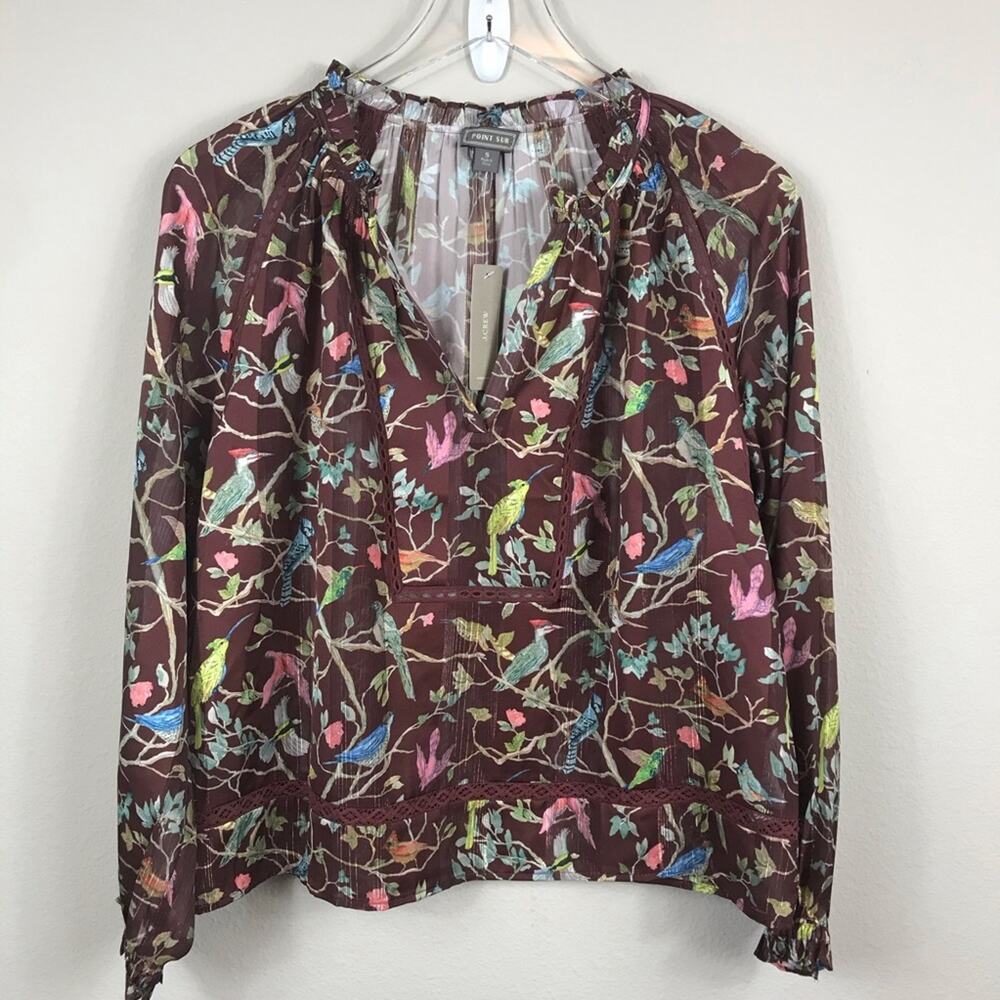 Point Sur Ruffle Neck Menagerie Printed Long Sleeve Blouse Small NWT